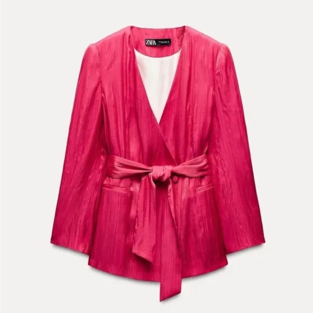 Zara Satin Pink Tie-Waist Blazer Jacket with Wrinkle Effect